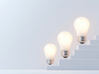 Three light bulbs on stairs represent growth and innovation in technology, symbolizing progress and bright ideas.