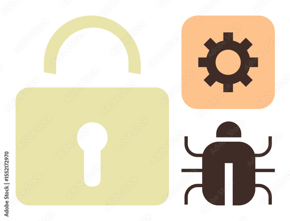 Poster lock, gear, and bug icons display key ideas in cybersecurity data protection, system setup, and vuln