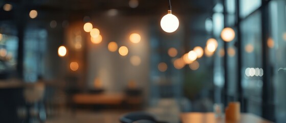 The warm glowing light bulbs creating a cozy atmosphere in a modern cafe.