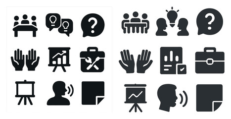 Business and communication solid icons set &ndash; flat, filled, corporate and meeting symbols