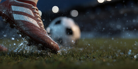 A close-up shot of a soccer player kicking a soccer ball on a wet field, capturing the dynamic action and the splash of water. The image focuses on the foot and ball, illustrating the powerful impact