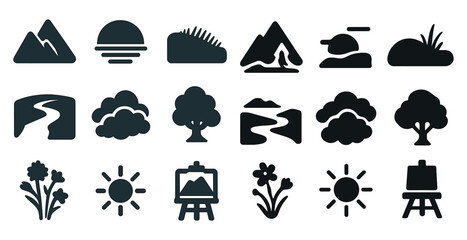 Nature and outdoor silhouette icons set – filled, solid, landscape and weather symbols