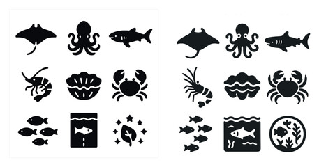 Fototapeta premium Marine life solid icons set – filled, aquatic, ocean creature symbols