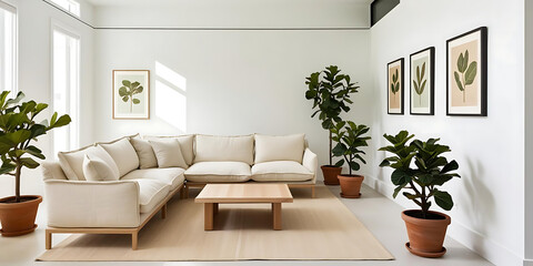 Stylish Living Room Featuring Botanical Wall Art and Plants

