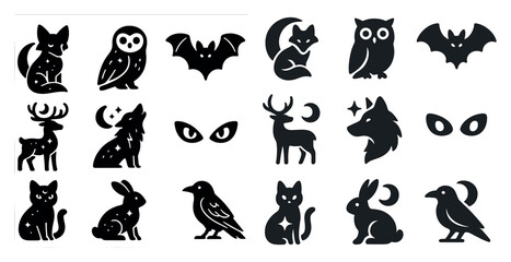 Fototapeta premium Halloween silhouette icons set – spooky, black, night creature symbols