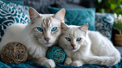 Love and care banner with cute white cats on blue sofa. Vector landing page of home pets with cartoon illustration of mother cat and kitten playing with ball on couch with pillows