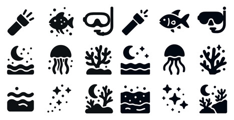 Fototapeta premium Underwater adventure icons set – solid, filled, marine and aquatic symbols