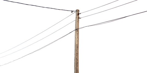 Wooden utility pole with wires isolated on a white background png ai generated