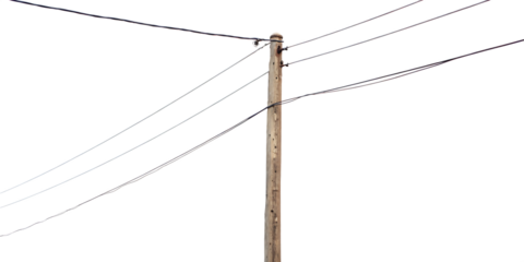 Wooden utility pole with wires isolated on a white background png ai generated