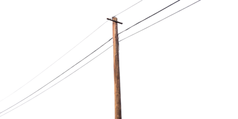 Wooden utility pole with wires isolated on a white background png ai generated