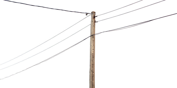 Wooden utility pole with wires isolated on a white background png ai generated