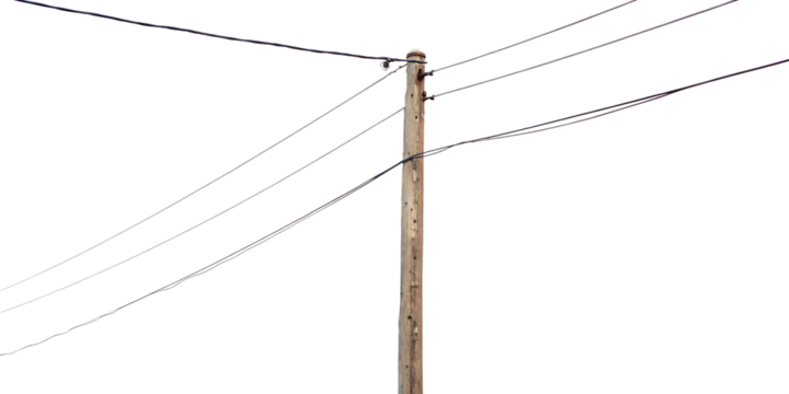 Wooden utility pole with wires isolated on a white background png ai generated