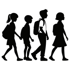 Children returning from school silhouette vector art illustration
