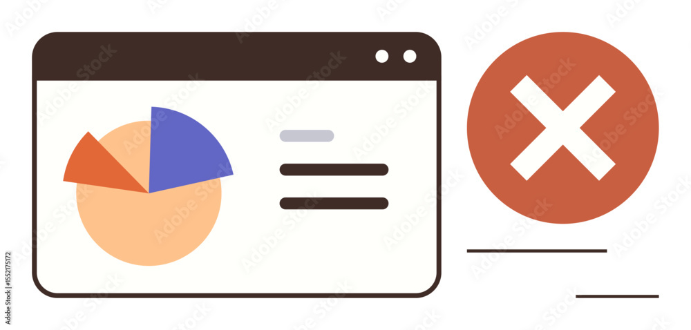 Poster pie chart and text on browser window next to large red error icon. ideal for data management, mistak