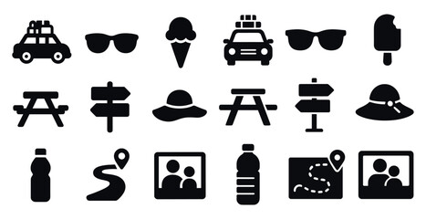 Travel and tourism silhouette icons set – vacation, trip planning symbols