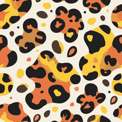 Leopard pattern featuring orange yellow brown and black irregular shapes against a light background