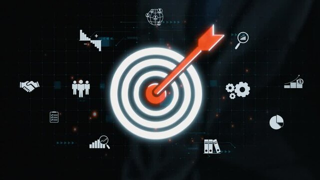 This digital artwork depicts a target with an arrow striking the center, surrounded by icons representing data analysis, business strategy, teamwork, and technology innovation. Qubit