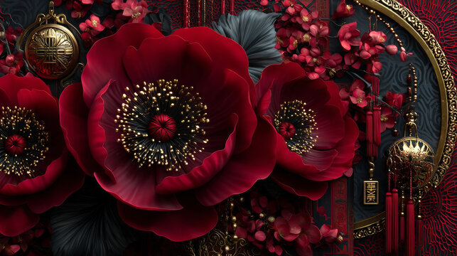 Red background with asian paper flowers. Vector realistic illustration of oriental style silky floral pattern on chinese new year poster template with blank space for text, greeting card backdrop