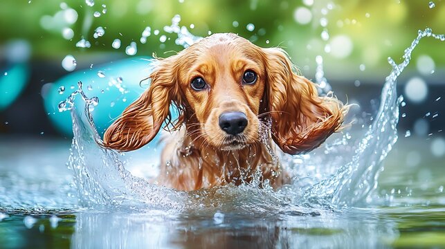 A playful Cocker Spaniel splashes joyfully in a shallow pool, soaking its fur and wagging its tail.

