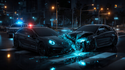 Car accident on night city road cartoon illustration. Drive crash with hood damage. Intersection with two vehicle danger collision. Highway with broken transport scene. Police automobile in town
