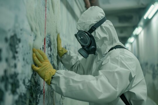 Scientist in hazmat suit analyzing moldy wall in contaminated area
