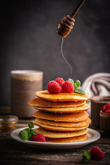 Healthy summer breakfast, homemade classic american pancakes with fresh berries and honey. High...