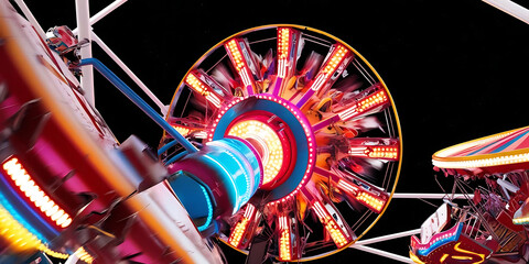 Detailed View of Colorful Amusement Ride at Night

