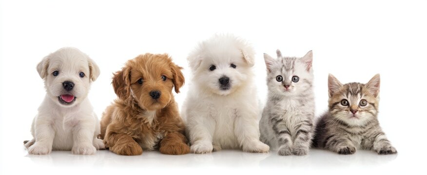 The adorable group of puppies and kittens posing together in a studio setting.