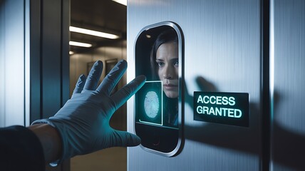 Gloved hand touches fingerprint scanner with access granted notification