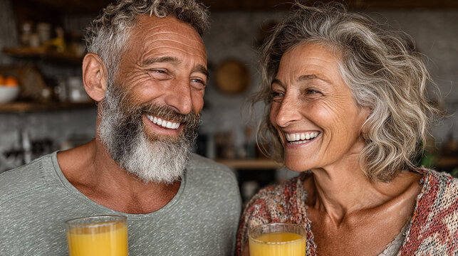 Smiling older couple holding glasses of orange juice indoors. - Powered by Adobe