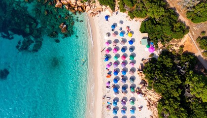 Aerial View of Colorful Umbrellas and Crystal Blue Sea on Sardinia Beach at Sunset
