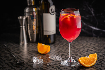 Glass of red wine spanish famous traditional fruity sangria gourmet cocktail or vino de verano, tinto de verano drink. High quality photo