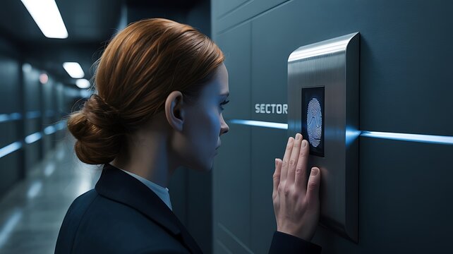 Woman in suit uses fingerprint scanner for biometric access in futuristic hallway