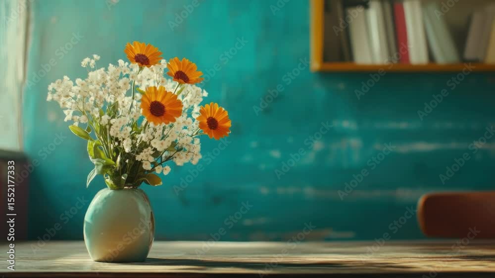 Poster a vase filled with fresh flowers sits on top of a wooden table, perfect for adding a touch of elegan