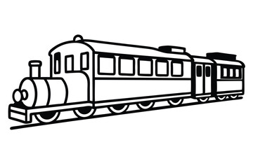 Black and White Outline Illustration of a Steam Train and Railway Carriages on Rails