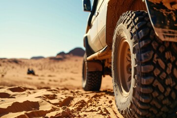 Off-road vehicle in the desert. Extreme sport concept. 4X4. Off Road Car concept with copy space. a 4x4 car driving offroad on a dusty countryside road.