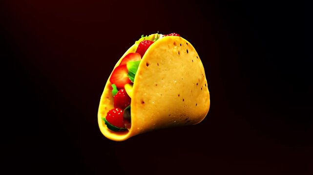 A crispy hard-shell taco filled with fresh vegetables and meat, floating against a blurred deep red background with two glowing yellow stars. Concept for a food advertisement or international cuisine
