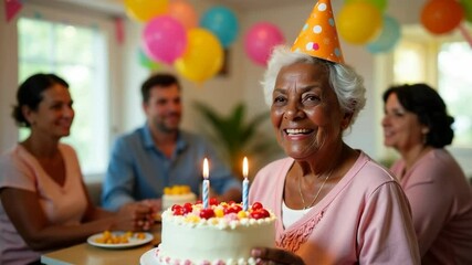 Elderly happy african american woman holding cake with candles celebrating birthday with her close friends and relatives, emotional moment filled with warmth, care and family atmosphere