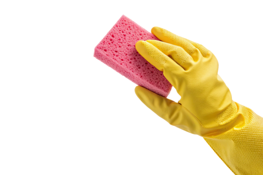 Yellow gloved hand holding a pink cleaning sponge isolated on transparent background