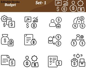 A budget icon set includes vector illustrations of financial tools like wallets, calculators, pie charts, dollar signs, documents, savings jars, and expense sheets. Ideal for personal finance apps.