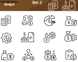 A budget icon set includes vector illustrations of financial tools like wallets, calculators, pie charts, dollar signs, documents, savings jars, and expense sheets. Ideal for personal finance apps.