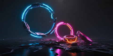 Three Glowing Geometric Rings in Blue Pink and Orange

