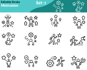A motivation icon set includes vector illustrations symbolizing inspiration and personal growth, such as trophies, targets, light bulbs, raised fists, mountain peaks, and upward arrows.