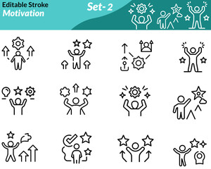 Fototapeta premium A motivation icon set includes vector illustrations symbolizing inspiration and personal growth, such as trophies, targets, light bulbs, raised fists, mountain peaks, and upward arrows.
