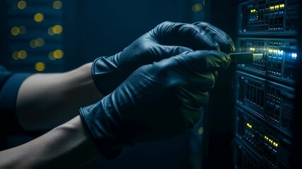 Person in black glove inserting usb drive into server rack, network data theft or unauthorized access footage.