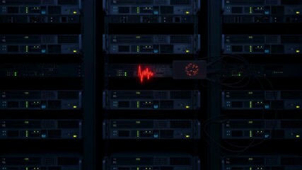 Data server rack with red warning light and fluctuating waveform, digital network security concept animation footage. - Powered by Adobe