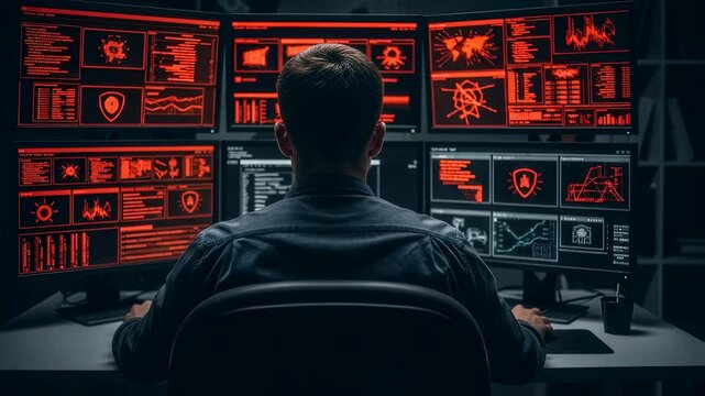 Man working on multiple computer screens displaying cybersecurity data interface and network security elements footage. - Powered by Adobe