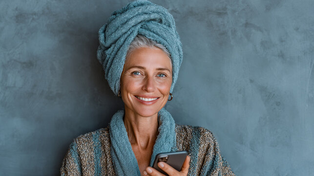 Woman with towel on head holding phone in bathrobe smiling.
