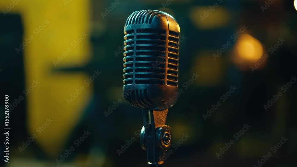 Poster A close-up view of a microphone on its stand, ready for recording or performance
