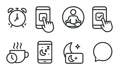 Daily routine linear icons set – simple lifestyle and habit tracking symbols